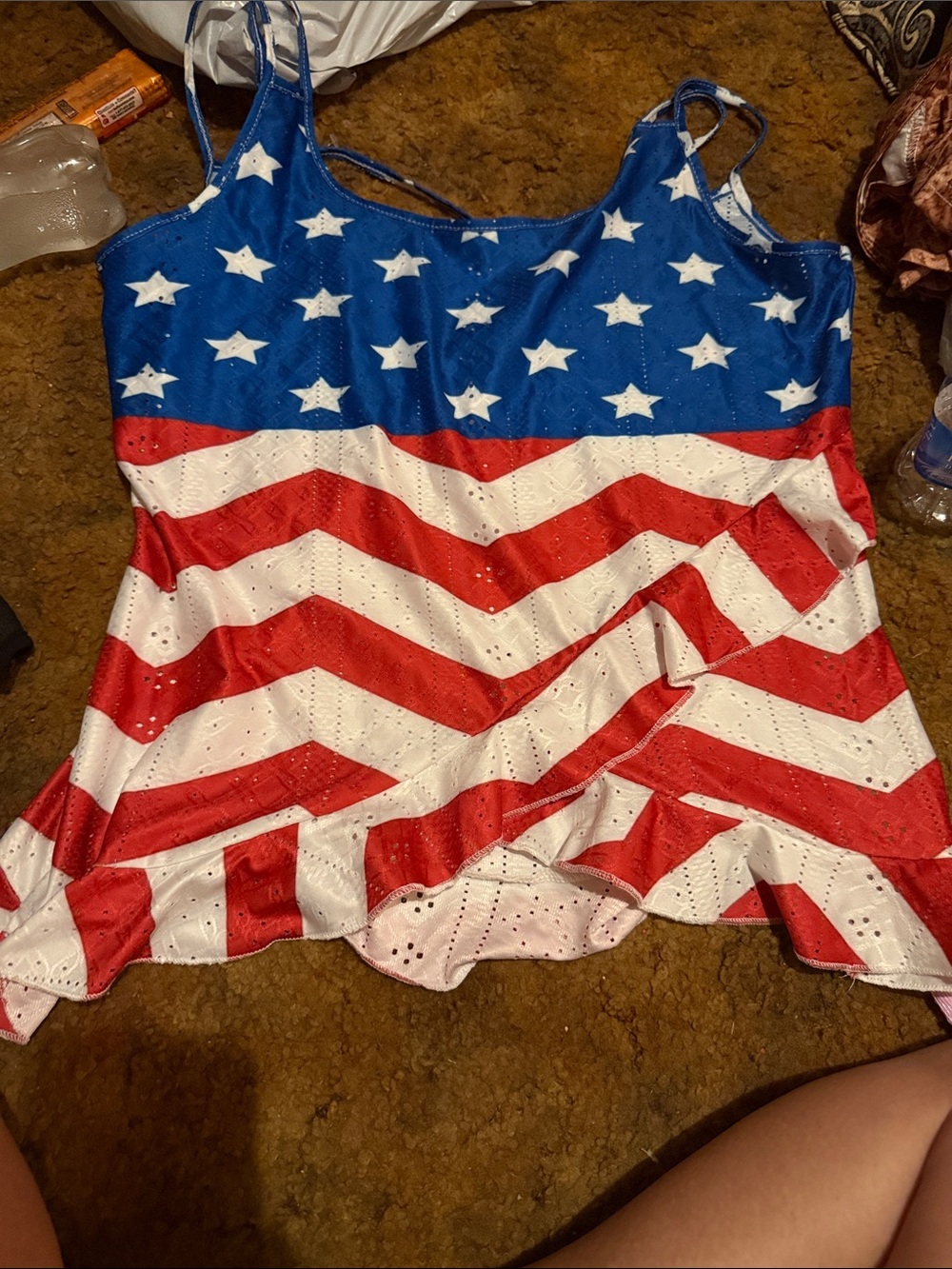 SHEIN Red, White & Blue Star Stripe Eyelet Camisole